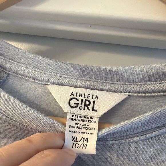 ATHLETA GIRL COZY CROSS YOUR FINGERS SWEATSHIRT LIGHT BLUE GRAY CAMO SIZE XL/ 14 - Picture 2 of 6